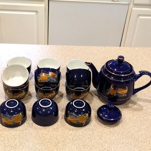 Elegant Blue Tea Set with Gold Accents